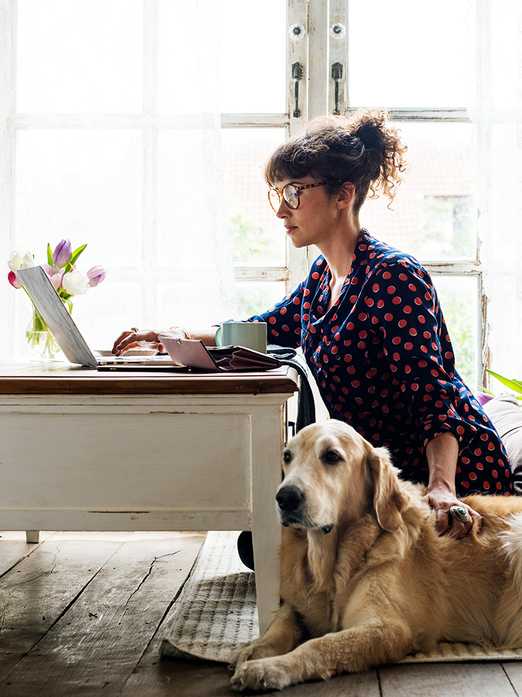 A woman at home on her computer while her dog lays next to her